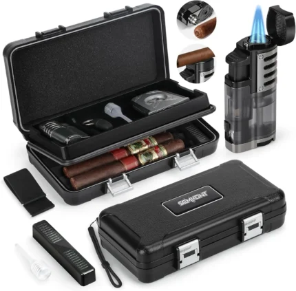 SEMKONT-Portable Travel Cigar Humidor,Double Cigar Humidor with Separate Storage for Cigar Accessories,Holds 5 Cigars