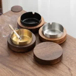 New Creative Ashtrays Desktop Ashtray Stainless With Lid Walnut Wood Steel Windproof Ash Tray for Smoking Office Home Decoration - Image 6