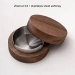 New Creative Ashtrays Desktop Ashtray Stainless With Lid Walnut Wood Steel Windproof Ash Tray for Smoking Office Home Decoration