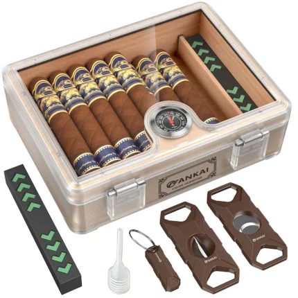 Humidor Cigar Box,with Cutter Guillotine,V cut,Punch & Stand ,Glass top Cigars Case,Cedar Wood Lining, Humidifier Hygrometer