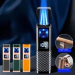 Multifunctional Windproof Three Flame Cigar Lighter Visual Gas Window Digital Battery Display Gas Type-C Electric Lighters Smoke
