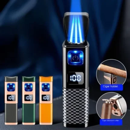 Multifunctional Windproof Three Flame Cigar Lighter Visual Gas Window Digital Battery Display Gas Type-C Electric Lighters Smoke