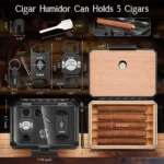 Cigar Humidor Set Travel Humidor for 5 Cigars Includes 2 Cigar Cutters, Cigar Punch,Humidifier, Hygrometer,Cedar Wood Lined Gift - Image 2