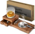 Solid Wood Cigar Ashtray, with Cigar Drawer Whiskey Cup Holder Cigar Cutter Stainless Steel Bowl